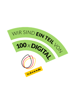 Zu sehen ist ein grüner Sticker mit der Aufschrift "Wir sind ein Teil von 100xDIGITAL".