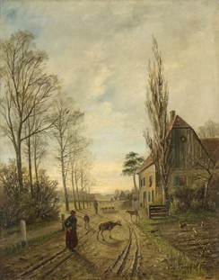 Ölgemälde „Am alten Kanal“ des münsterschen Malers Eugen Fernholz von 1893, das sich im Besitz des Stadtmuseums Münster befindet. Ein Duplikat hängt in der Gaststätte Hölt’ne Schluse. Das Bild wird fälschlicherweise zumeist als „Hölt’ne Schluse“ bezeichnet. Der Bau kann aber wegen seiner Zweistöckigkeit nicht das 1873 errichtete einstöckige Hauptgebäude der heutigen Gaststätte sein. Quelle: Stadtmuseum Münster