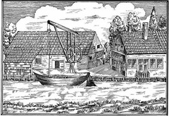 Maxhafen mit Kanalschiff, Kran, Pack- und Verwalterhaus sowie Gastwirtschaft im Jahr 1839, Quelle: Gemeindearchiv Wettringen