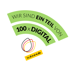Zu sehen ist ein bunter Sticker, auf dem der Slogan "Wir sind ein Teil von 100xDigital" und das Logo der Stiftung für Engagement und Ehrenamt (DSEE) abgebildet sind.