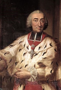 Maximilian Friedrich, Reichsgraf von Königsegg-Rot(h)enfels (* 1708 in Köln; † 1784 in Bonn) war von 1761 bis 1784 Erzbischof von Köln und Fürstbischof von Münster, Gemälde von Johann Heinrich Fischer um 1762, Schloss Augustusburg (Ausschnitt)