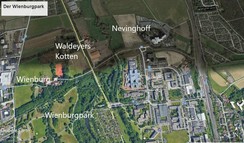 Die Umgebung der Wienburg mit dem ehemaligen Kotten von Waldeyer, der Landwirtschaftskammer mit dem Nevinghoff sowie dem Wienburgpark, Quelle: Google Earth