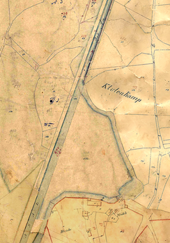 Die Einleitung der Aa in den Kanal auf der Höhe des Klutenkamps (Ausschnitt aus der o.a. Karte), Quelle: Vermessungs- und Katasteramt der Stadt Münster