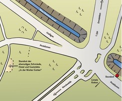 Gaststätte „Lintels Kotten“ sowie der Standort der ehemaligen Schmiede und der Gaststätte „In der Mutter Gottes“, Grafik: cognitio