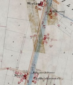 Lage der Hölzernen Schleuse. Nahebei: der Kotten des Schleusenwärters Lütke Lohmann. Oben: der Hof Werland, seit 1873/74 Gaststätte Renfert „Hölt‘ne Schluse“, Quelle: Vermessungs- und Katasteramt der Stadt Münster (Urflurkarte von 1826)