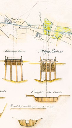 Die Kanalbauwerke bei Haus Bröderich und der Wienburg (Brücke, Überfall und Wasserdurchlauf), Quelle: Landesarchiv NRW, Abteilung Westfalen, W 051/Karten A Nr. 4939 (Auszug)