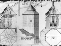 Entwurf Johann Conrad Schlauns für einen Lastenkran am Hafen des Max-Clemens-Kanals 1731, Quelle: Bildarchiv des LWL-Medienzentrums.
