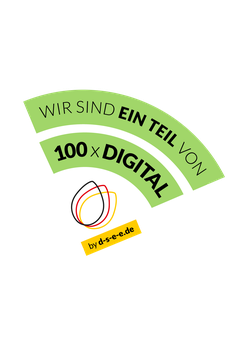 Zu sehen ist ein bunter Sticker, auf dem der Slogan "Wir sind ein Teil von 100xDigital" und das Logo der Stiftung für Engagement und Ehrenamt (DSEE) abgebildet sind.