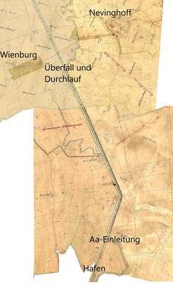 Verlauf von Kanal und Aa vom Hafen bis zur Wienburg, Quelle: Vermessungs- und Katasteramt der Stadt Münster (Urflurkarte der Stadt Münster)