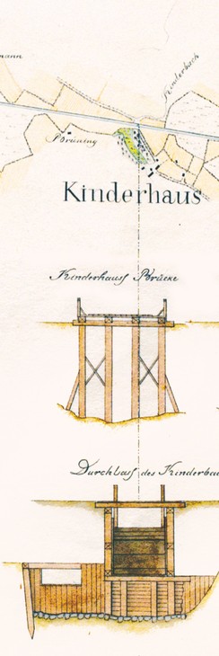 Die Kinderbachbrücke und der Durchlauf des Kinderbachs am Max-Clemens-Kanal 1821, Quelle: Landesarchiv NRW, Abteilung Westfalen W 051/Karten A Nr. 4939 (Auszug)